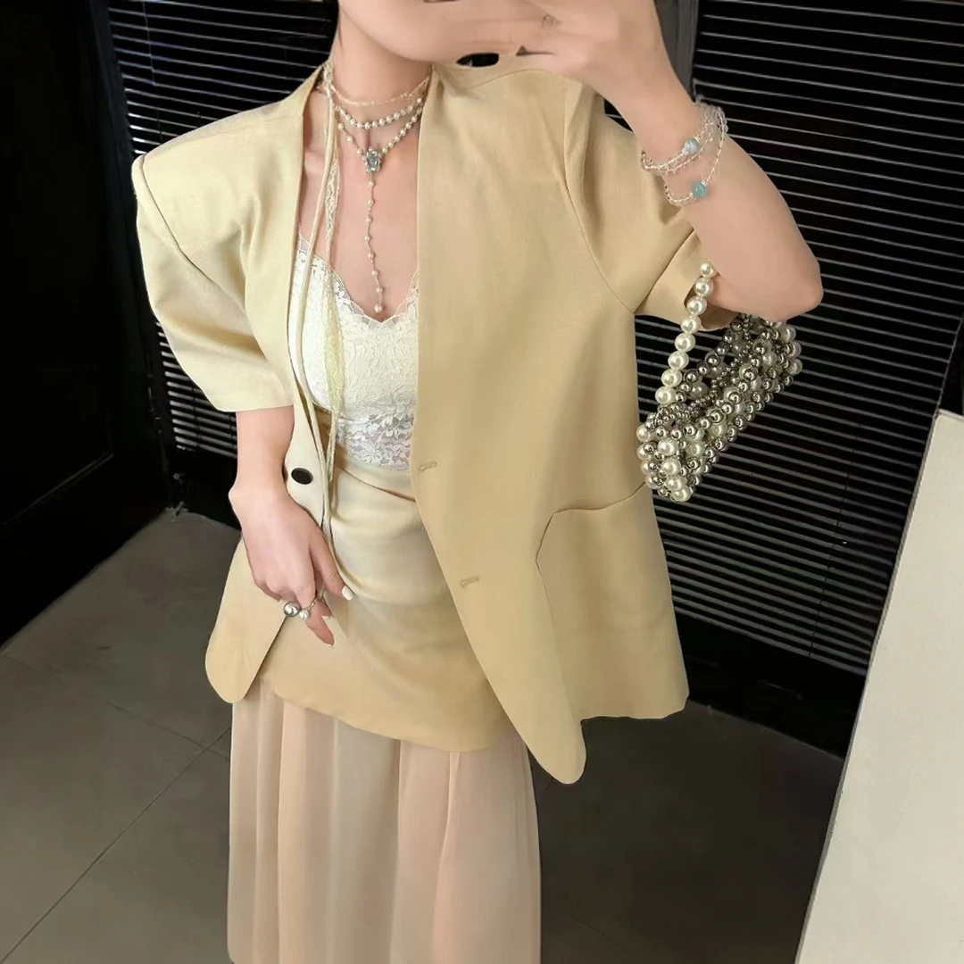 夏季新款洋气百搭飘带西装短袖＋网纱拼接半身裙套装