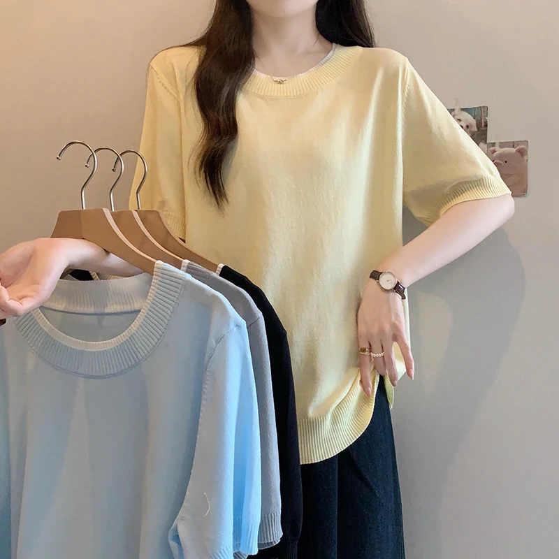 大码女装2025夏装新款宽松显瘦针织上衣胖mm百搭冰丝短袖T恤3941