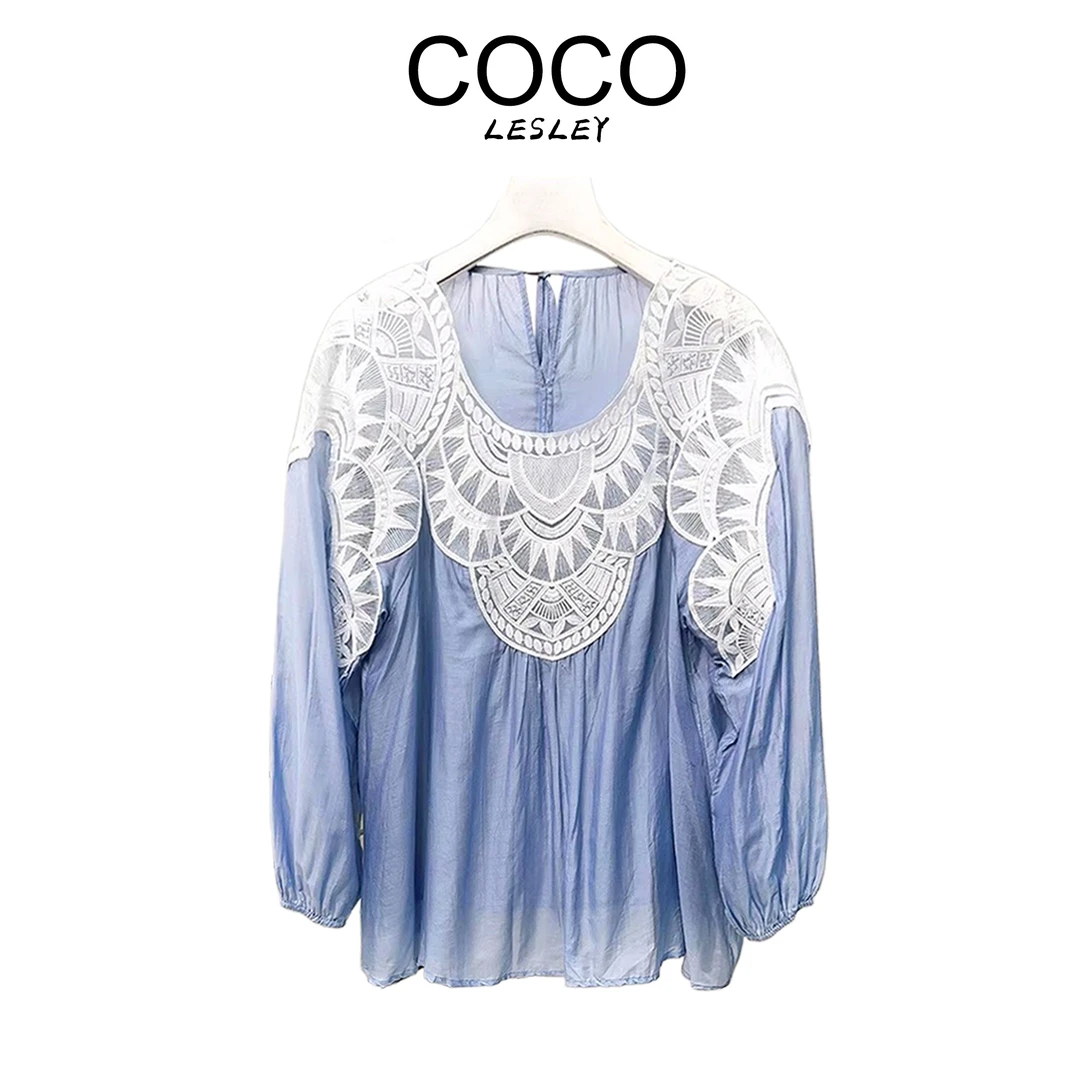 【COCO LESLEY】法式天丝拼接蕾丝浪漫优雅长袖罩衫上衣温柔宽松