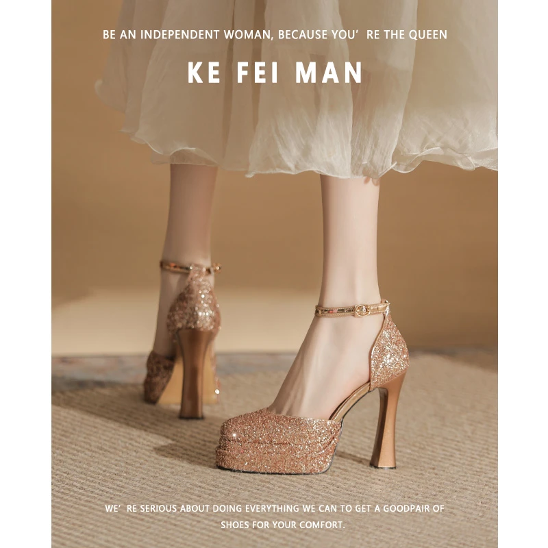 香港2025年一字扣防水台高跟鞋女夏季粗跟单鞋不累脚主婚鞋香槟色