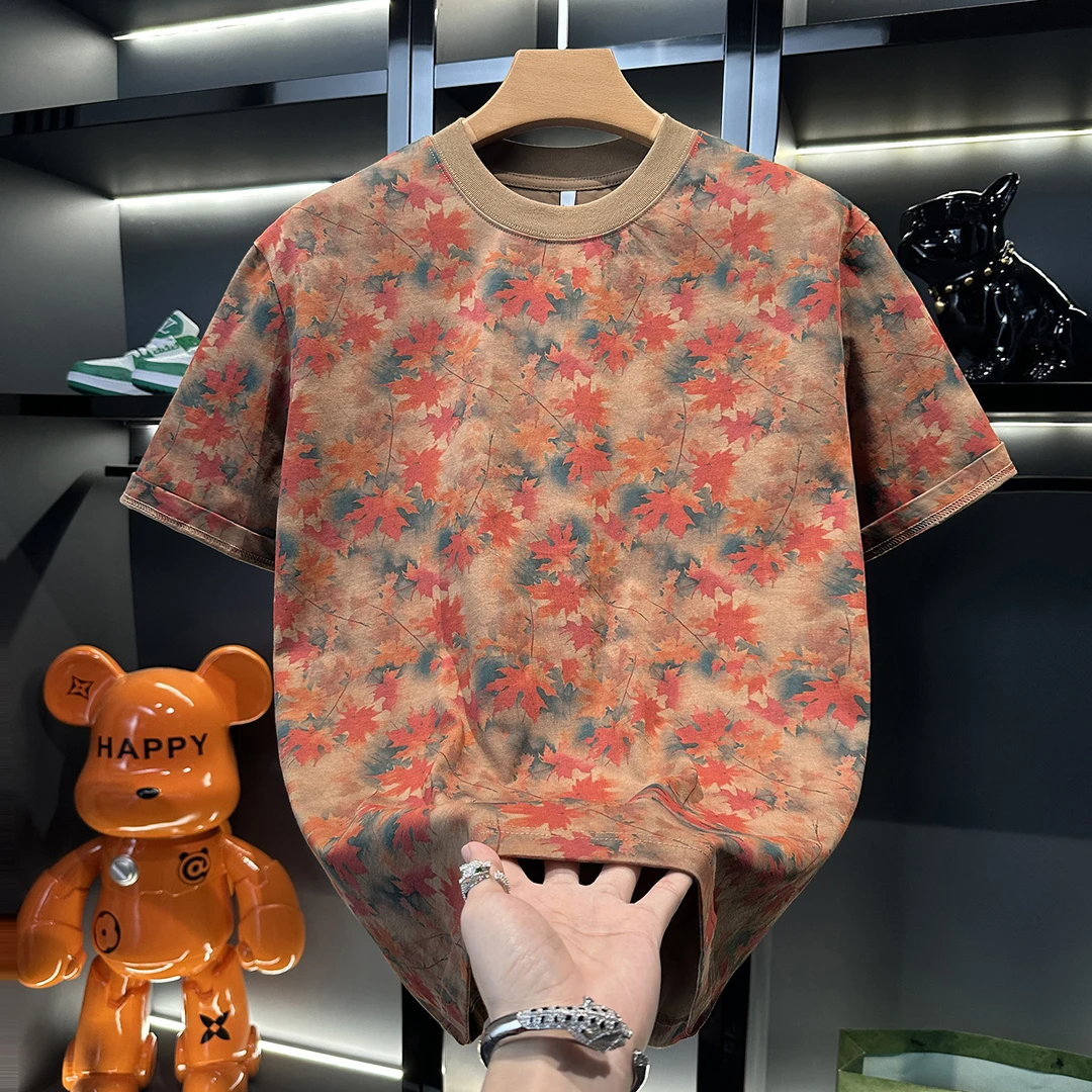 夏季新款高级感新款潮牌满印撞色玫瑰花圆领短袖T恤百搭潮流套头