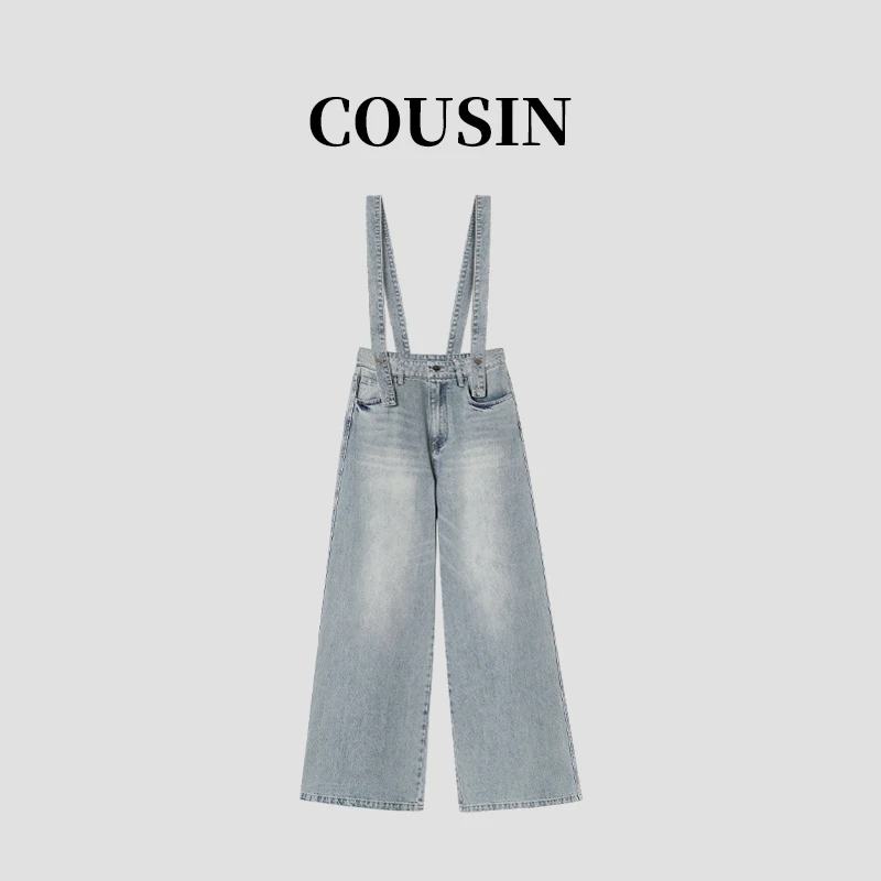 D.cousin  美式复古背带裤女2025新款时尚阔腿牛仔裤 2081