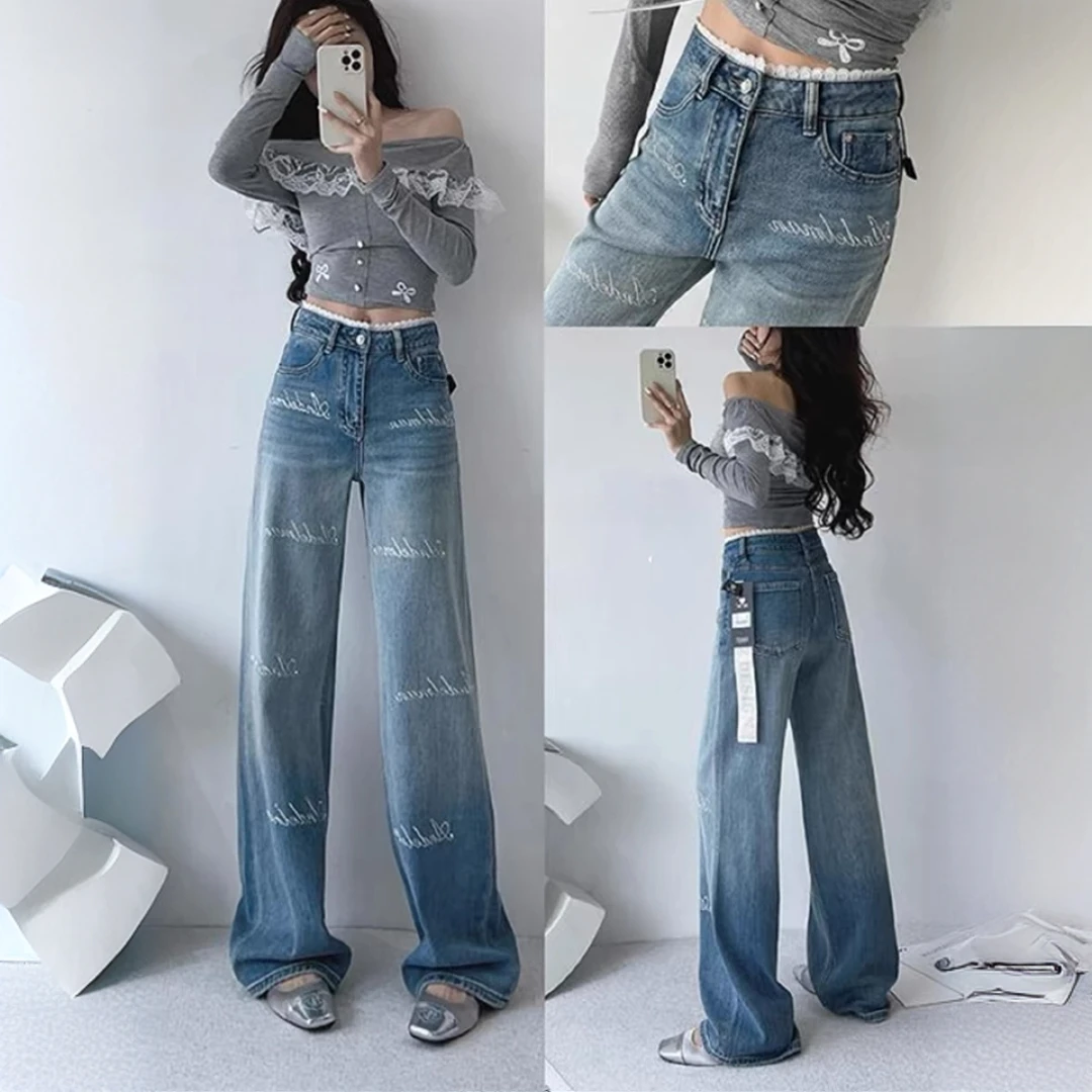 【现货+运险】25春字母烫钻阔腿牛仔裤女宽松显瘦百搭直筒拖地长裤