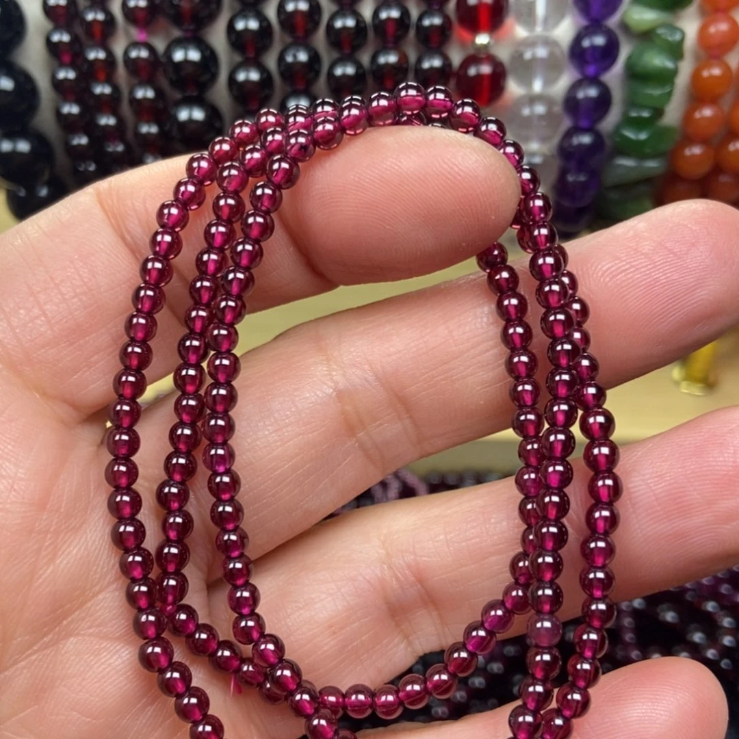 精美石榴石三圈手串石榴石未镶嵌