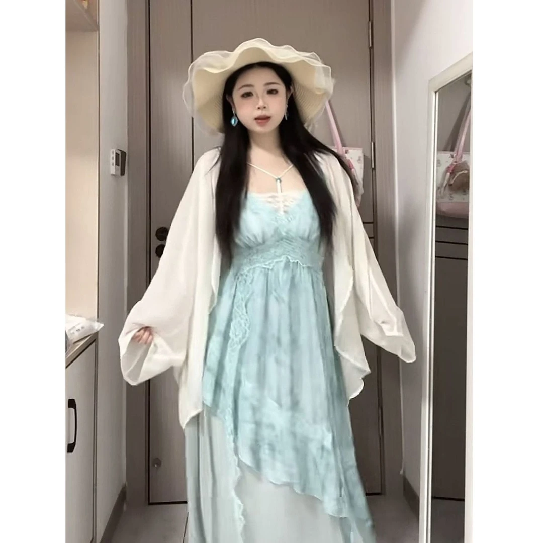 pinkmoon||甜美度假不规则印花吊带连衣裙新款春季显瘦开衫套装女