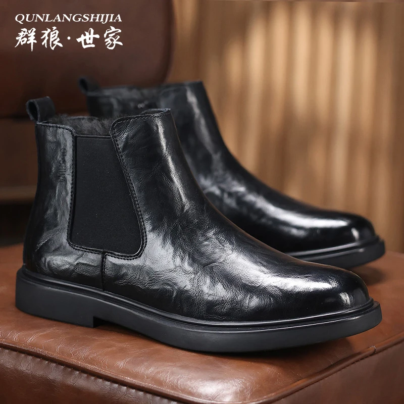 群狼·世家切尔西靴男羊毛保暖休闲百搭短靴真皮复古英伦风男靴子