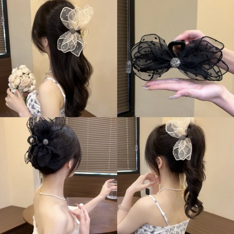 新款波点蝴蝶结抓夹高级感气质百搭鲨鱼夹马尾夹后脑勺发饰