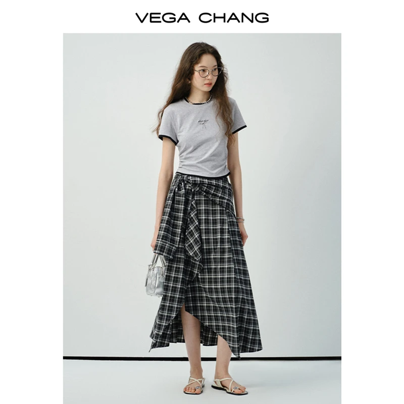 VEGA CHANG短袖T恤女2025新夏蝴蝶结刺绣撞色正肩设计上衣0204SQ