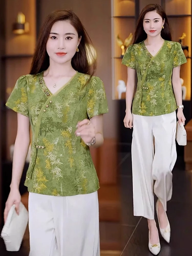 中国风复古时尚印花衬衫女短袖2025夏季雪纺薄款V领洋气减龄衬衣