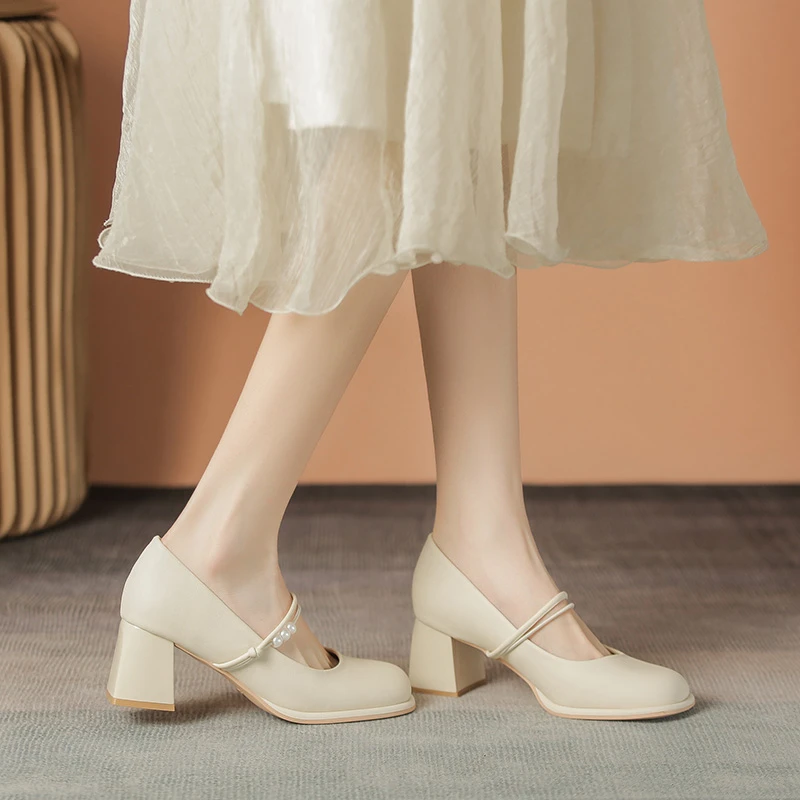 法式温柔一字带真皮粗跟单鞋女春秋气质配裙子通勤玛丽珍鞋高跟鞋