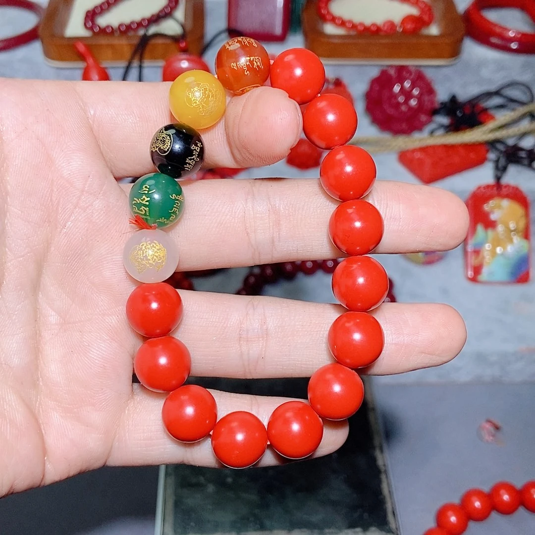 天然辰砂19卡12水飞沙手串