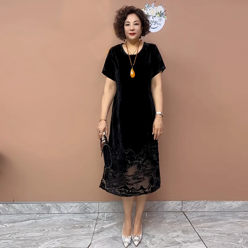 新版丝绒烧花阔太太连衣裙夏季气质复古提花减龄时尚中老年妈妈装