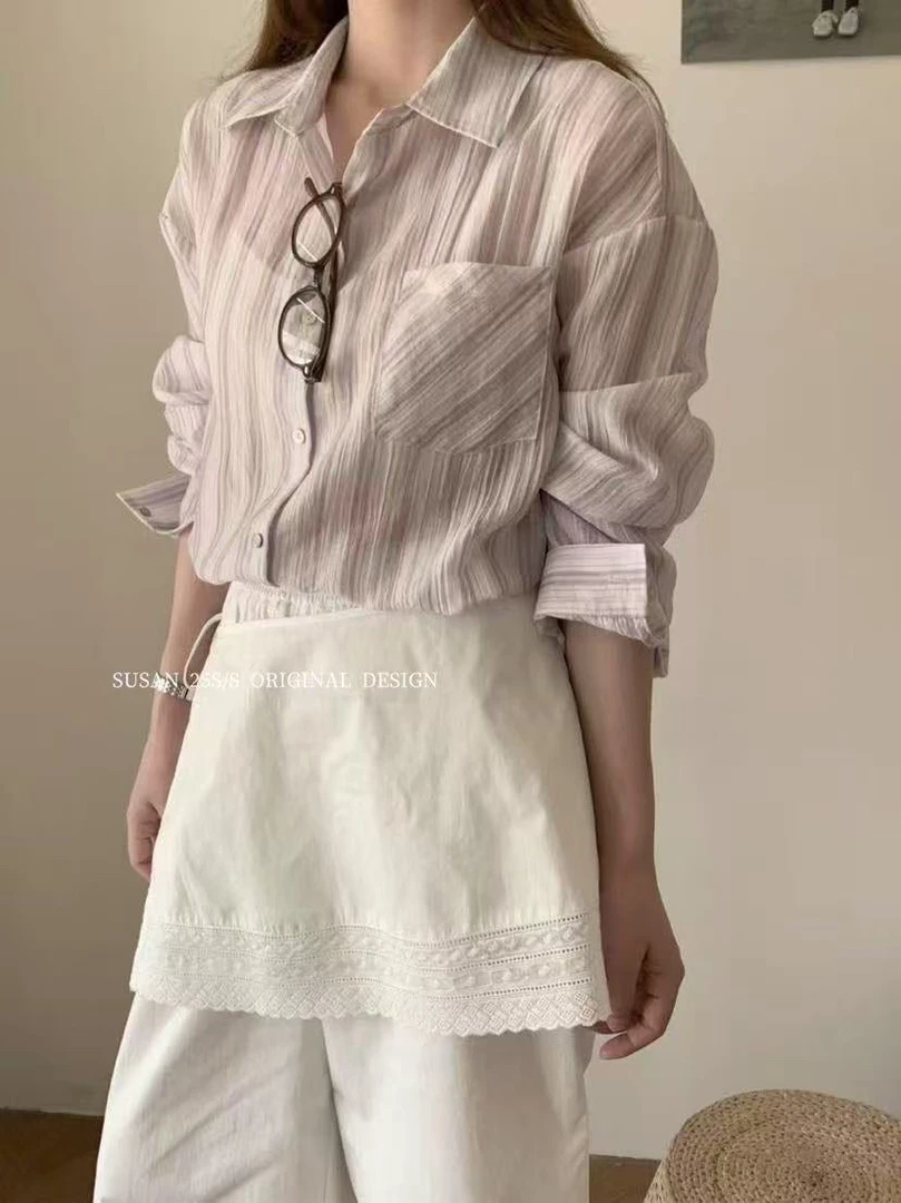 susan@ds050 韩系复古翻领撞色条纹休闲衬衫 6-3