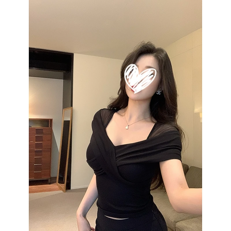 6-8运补现货！欧美风黑色网纱短袖恤女掐腰独特超好看辣妹上衣