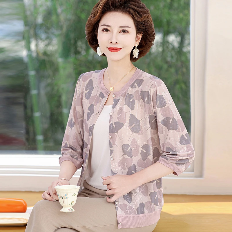春夏季妈妈装薄款中年开衫中老年女装时尚气质七分袖印花衬衫027