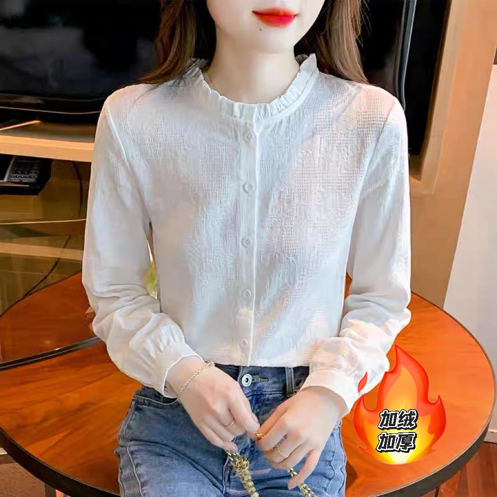 女士棉衬衫白色女秋冬新款时尚加绒上衣女士木耳领内搭保暖衬衣