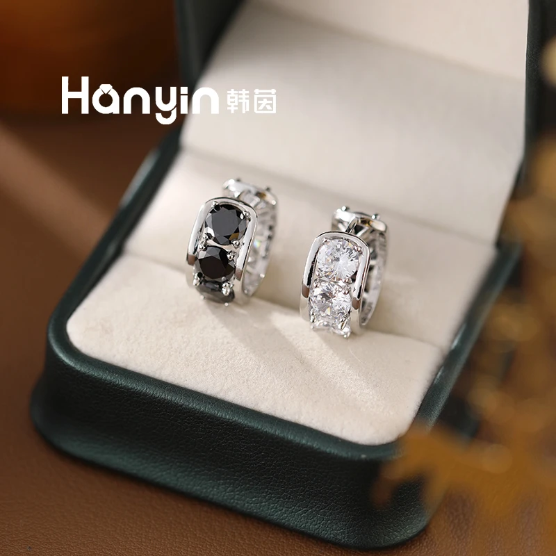 铜合金合成锆石耳饰 外径17mm！微镶闪亮黑白复古小众耳扣耳环