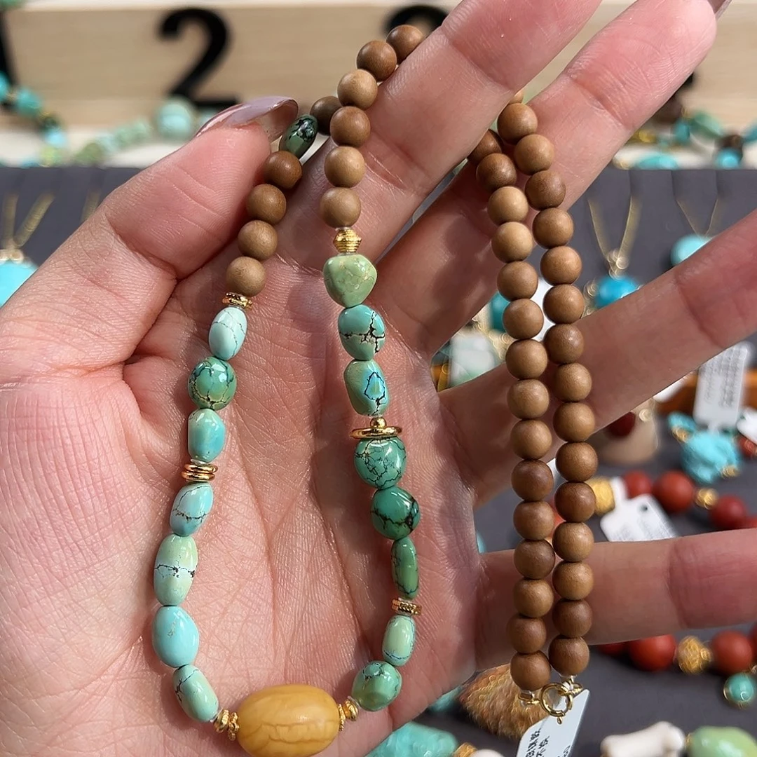 绿松石银S925镀金镶嵌颈饰水波纹糖豆锁骨链