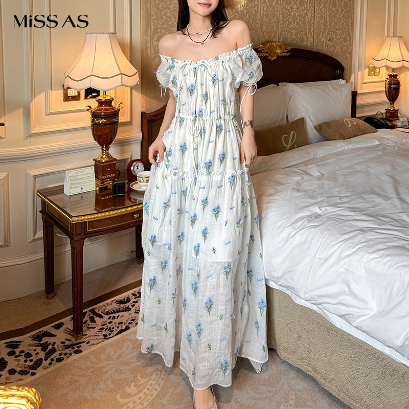 【XIAOLI筱李】白色花边蓝碎花方领长款连衣裙女款25新品