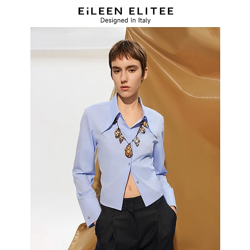 朗姿欧洲EiLEEN ELITEE纯棉衬衫蓝色衬衣2025年春季新款长袖上衣