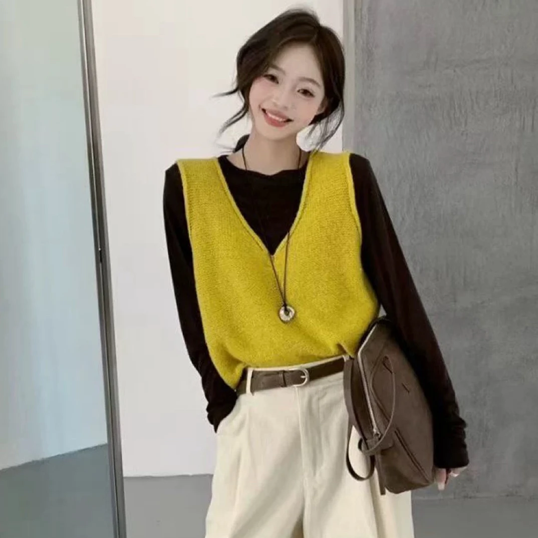 【蛋娘专属】秋季高级感针织背心内搭上衣两件套（内搭是咖色）