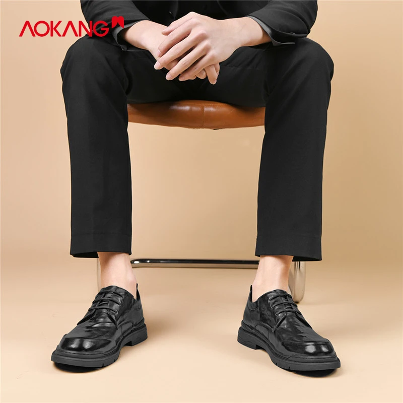 2025秋季男士时尚透气黑色真皮厚底商务英伦风皮鞋