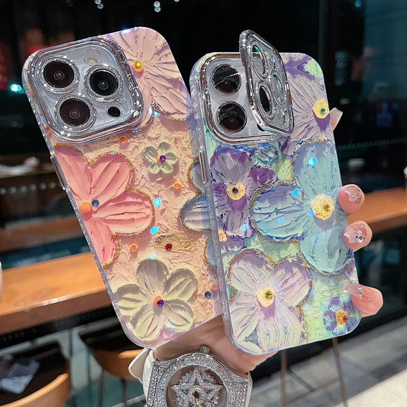 适用苹果系列iPhone16新款手机壳优雅油画花朵银灰色闪粉镜头支架