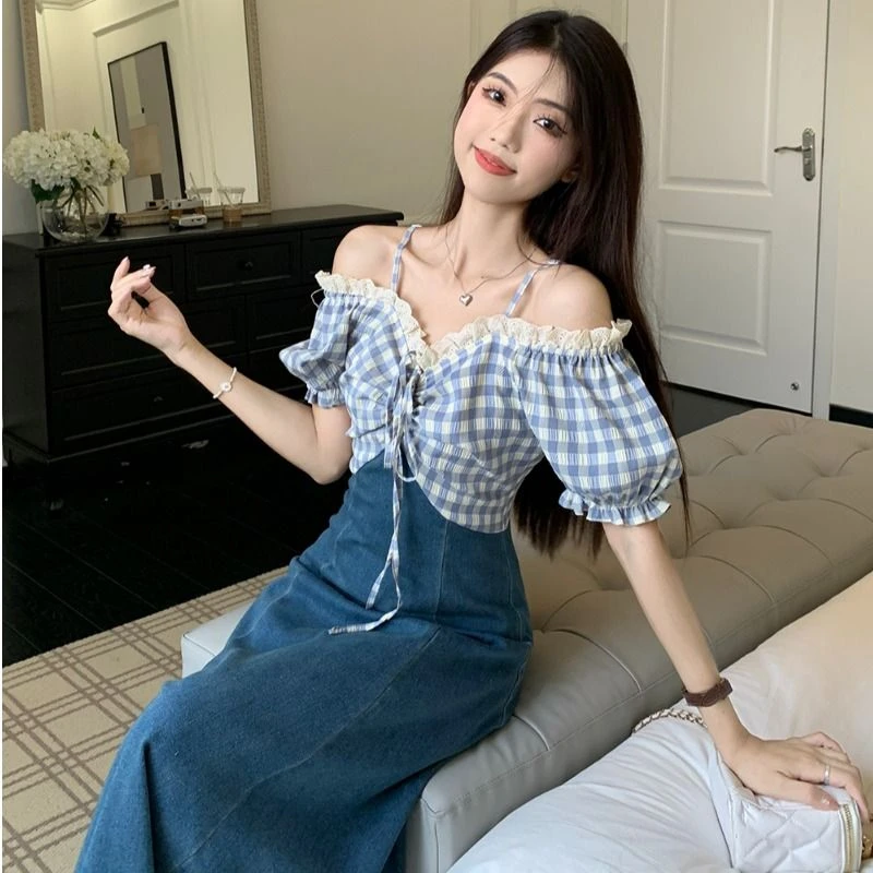 春季2025新款复古格子假两件拼接吊带裙女装小众设计感牛仔连衣裙