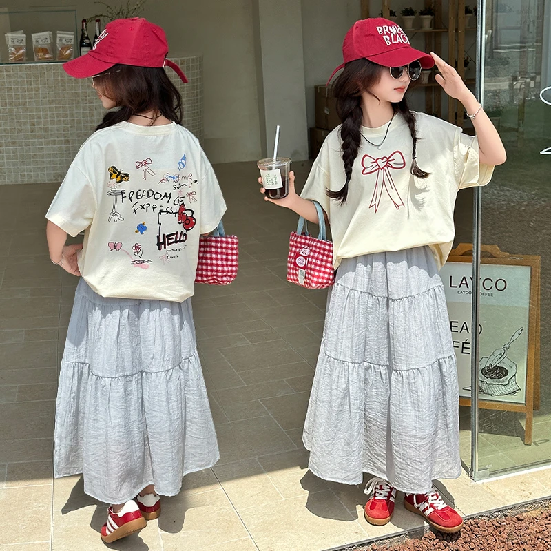 女童T恤2025夏季新款网红女大童甜酷圆领短袖半身裙初中生两件套