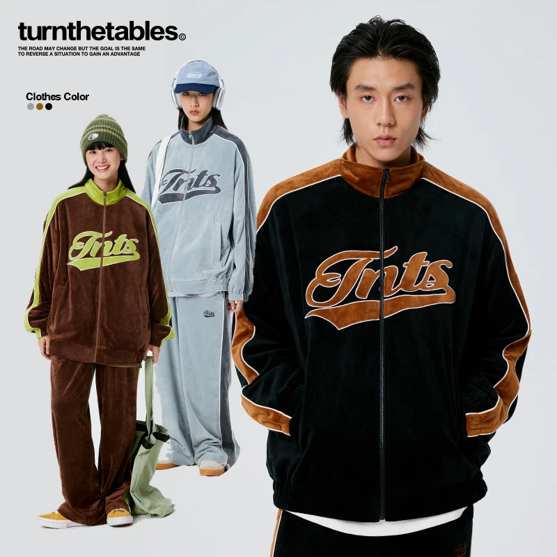 turnthetables秋冬美式复古宽松撞色外套休闲立领夹克上衣