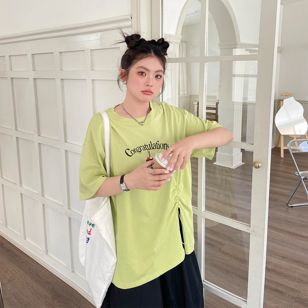 【现现专场】夏季女装漂亮短袖t恤胖mm大码侧腰抽绳韩系上衣