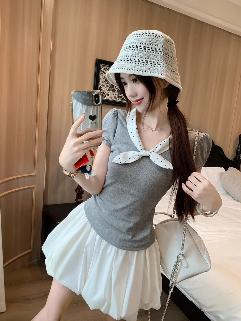 小兔乖乖韩系小耳朵波点修身正肩短袖T恤女2025夏季新款短款上衣