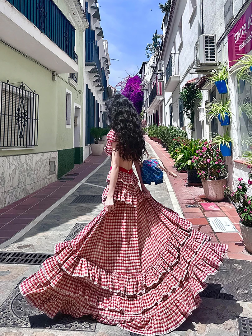 美式高级感刺绣荷叶边格纹上衣女装不规则显瘦开叉半身裙两件套装