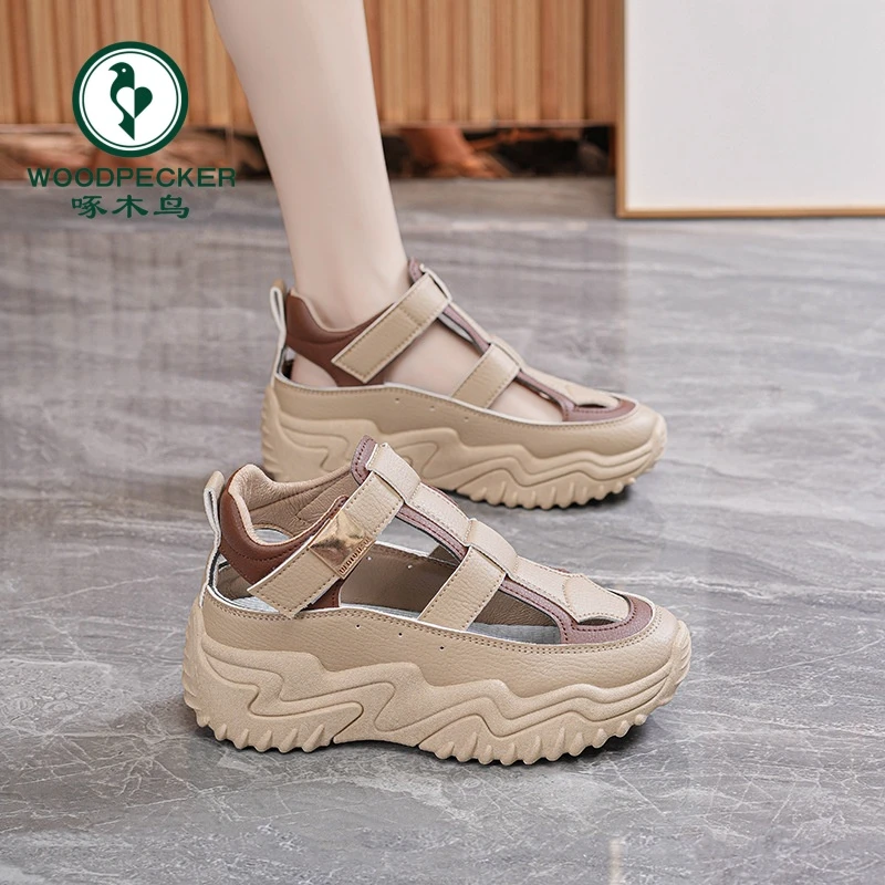 【正品】啄木鸟夏季女鞋新款透气镂空凉鞋子女百搭厚底增高老爹鞋女