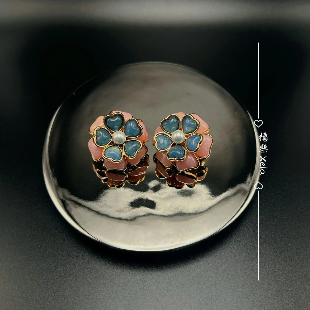 铜合金仿珍珠耳饰 欧美重工电镀双层立体花朵耳拍法式手工烧制