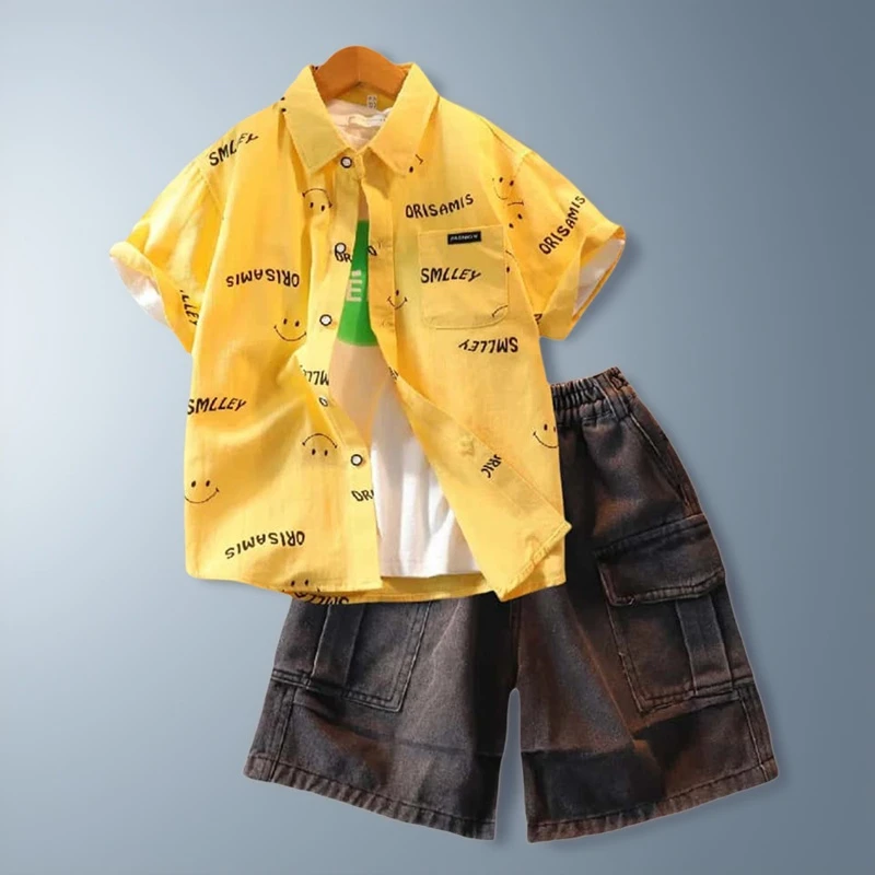 男童炸街衬衫短裤夏季套装新款短袖儿童衬衣学生中大童半袖两件套