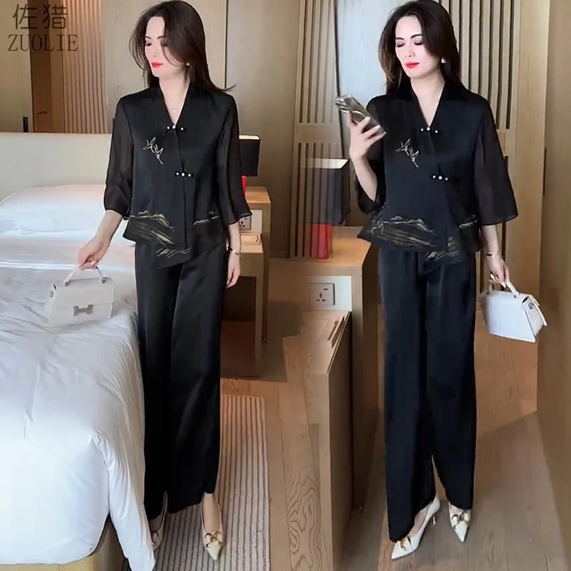 新中式时尚套装女2025夏季新款洋气显瘦国风刺绣上衣阔腿裤两件套