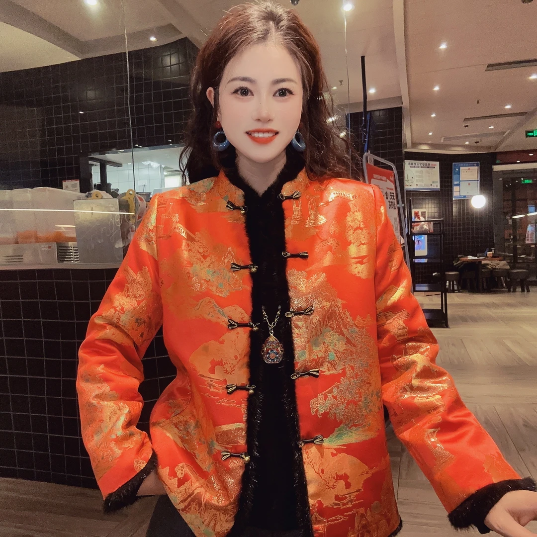 【山河】新中式气质复古显瘦立领双面穿织锦加绒较厚水貂毛上衣FW