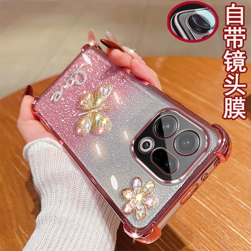 适用oppo findx9手机壳PLJ110镜头全包5G镶钻蝴蝶气囊防摔套女款