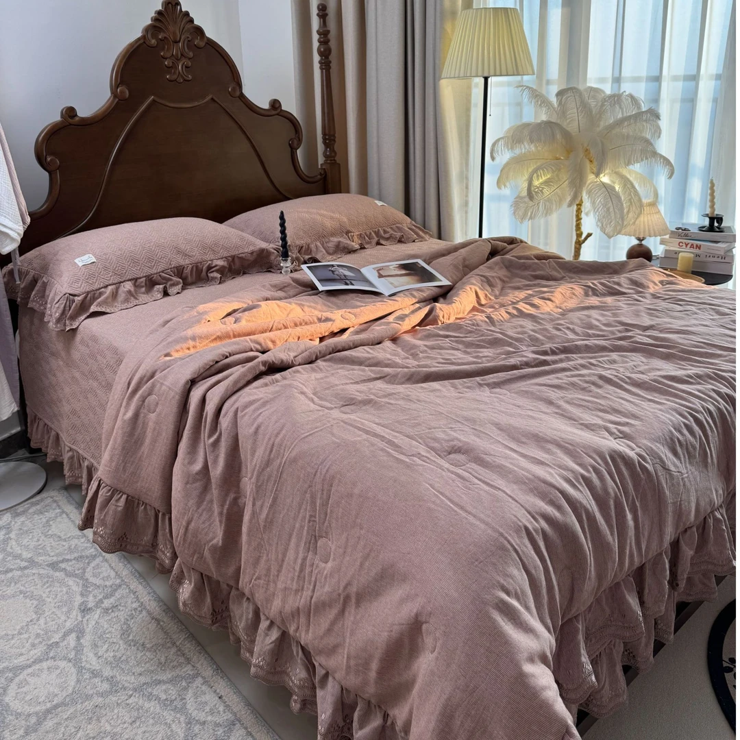 漫漫 法式复古全棉色织套件床盖多功能被套绗缝加厚刺绣花边