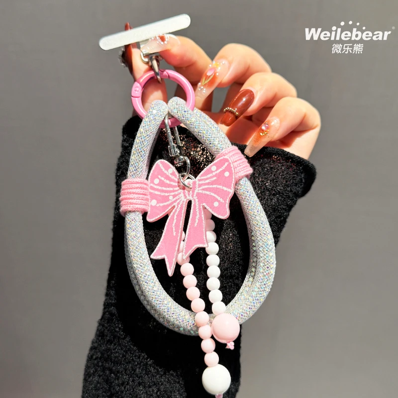 蝴蝶结手机挂绳手腕时尚彩色细闪编织钥匙扣包包挂饰高级满钻挂链