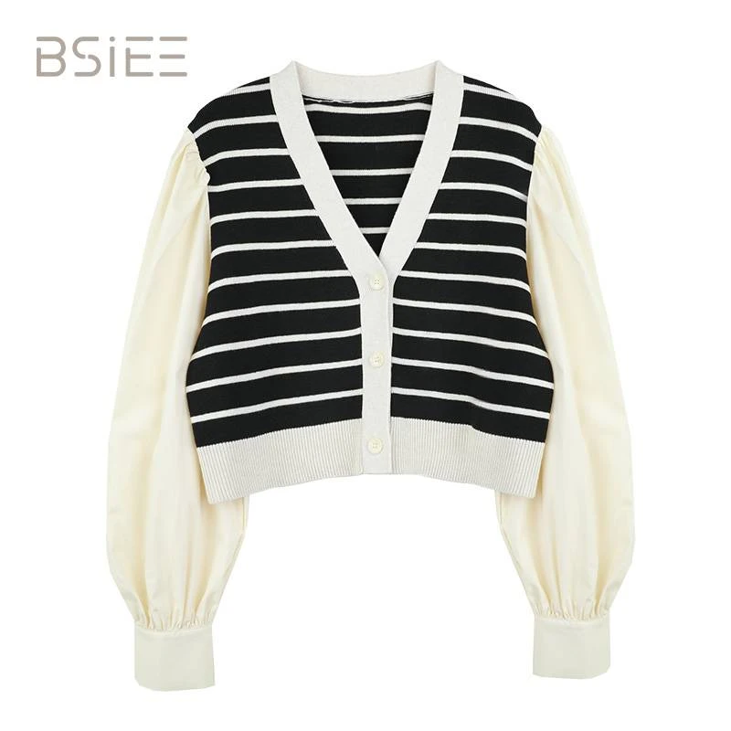 BSiEE本涩条纹拼接毛衣女V领显瘦气质百搭学院风新品上衣