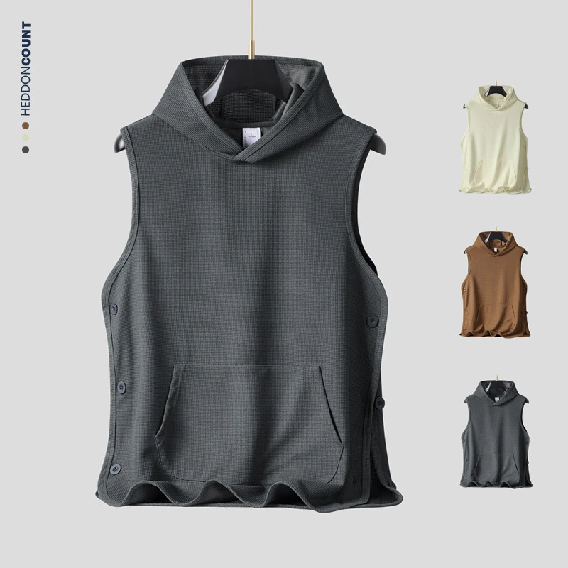 登爵男装潮牌华夫格连帽背心夏季新款设计感排扣开叉无袖坎肩短袖