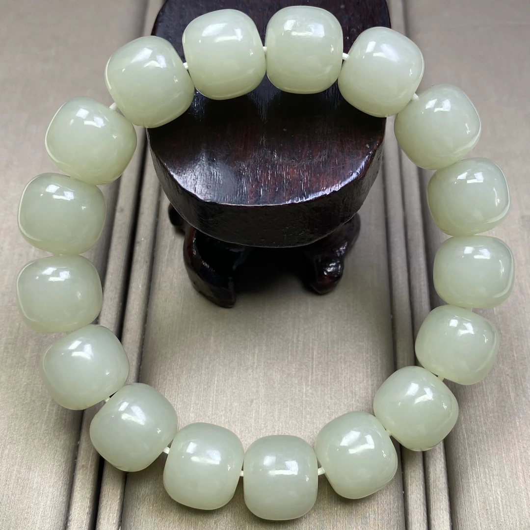 天然和田玉13mm老型珠手串细料新疆若羌特细青白油润一物一证