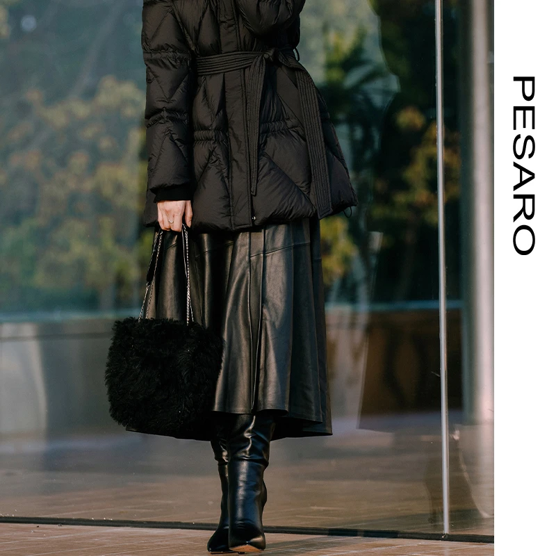 【星线好物】PESARO设计感黑色皮裙 侧边纽扣 优雅大气半身长裙