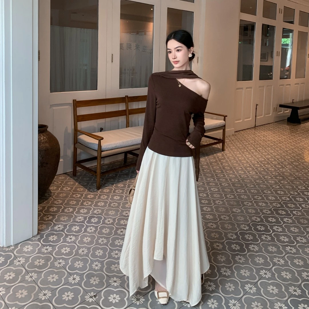 缤菓binguo 抽褶设计遮肉显瘦高腰A字半身裙女2025秋宽松休闲裙子