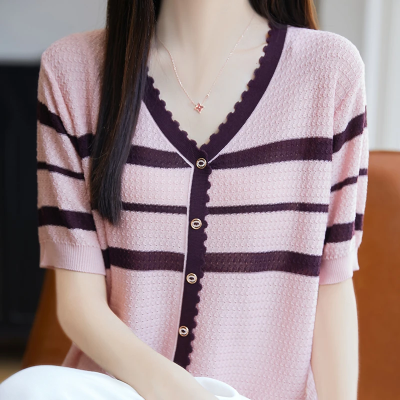 哥弟阿玛施正品针织衫短袖显瘦洋气时尚夏季薄款拼色百搭女装