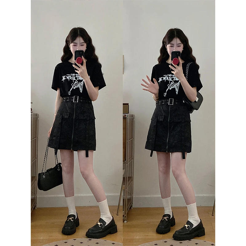 大码野性因子美式短袖t恤连衣裙女夏胖mm假两件拼接收腰显瘦短裙