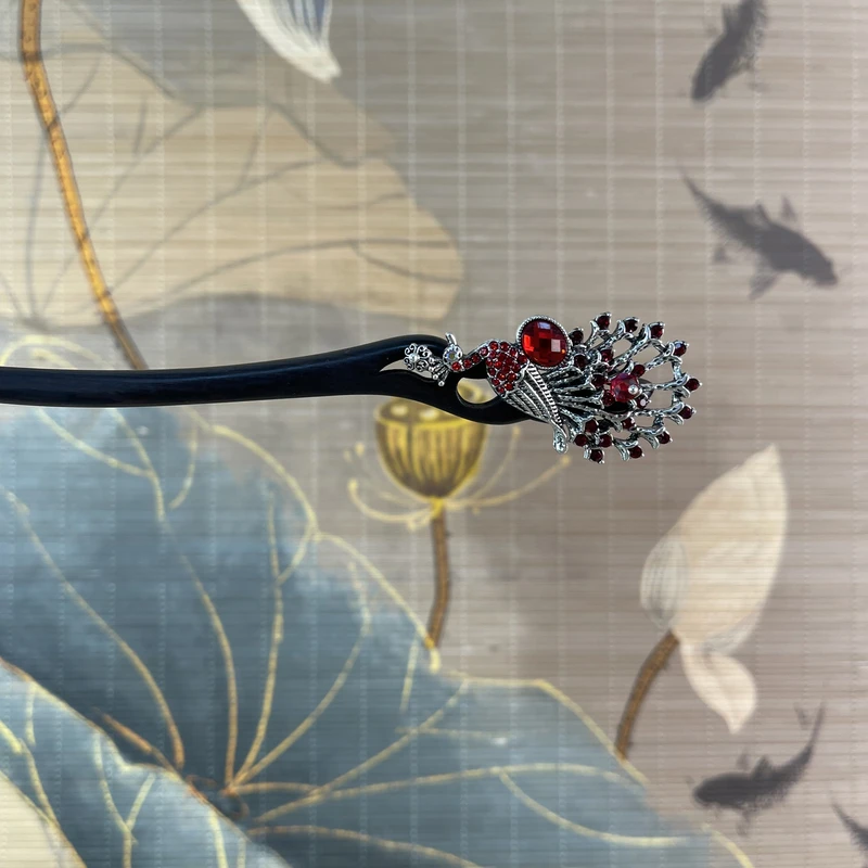 J276红色孔雀18公分发簪气质手工发饰中式纯手工国风百搭时尚发簪