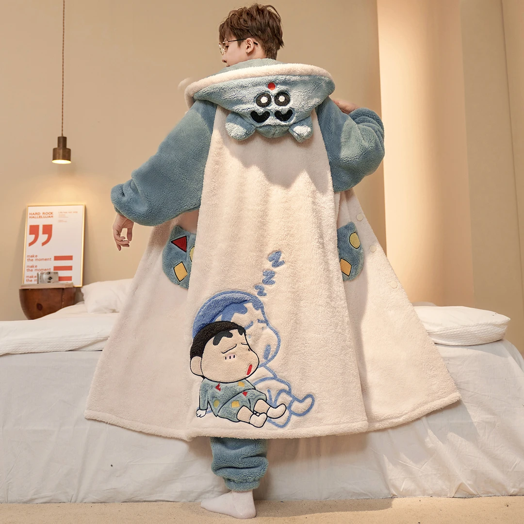 秋冬新款加厚保暖珊瑚绒长款睡袍男加大码200斤家居套装睡衣